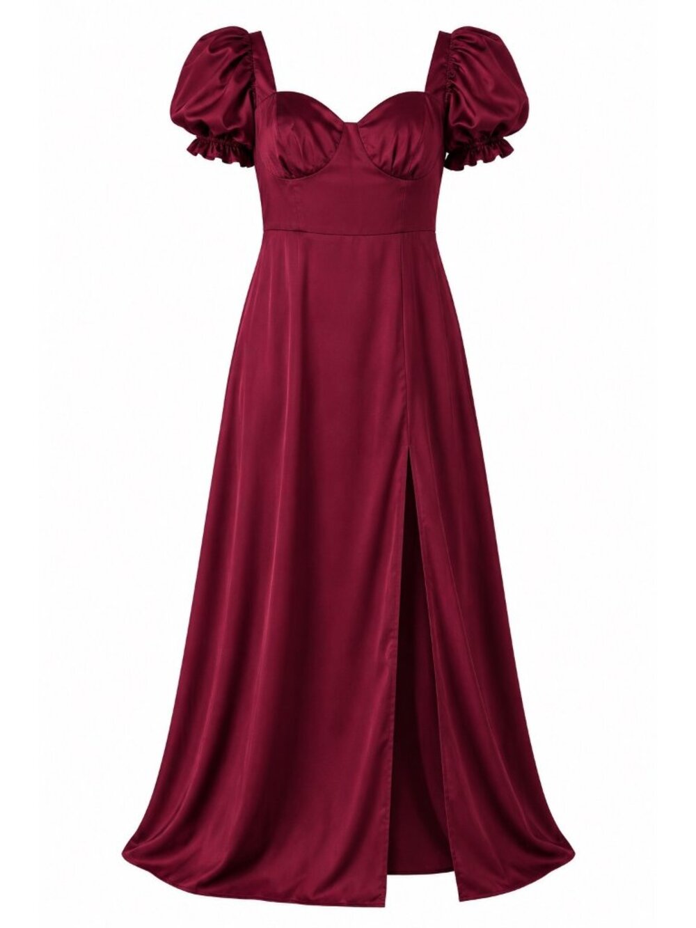 NWT Harlie Stretch Satin Cabernet Maxi Dress Puff Sleeves Side Slit Bridesmaid